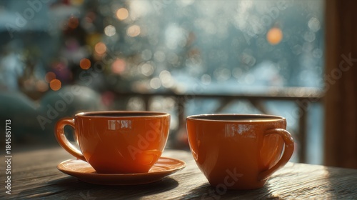 two orange coffee cups sit on a table while friends chat in a cozy winter setting