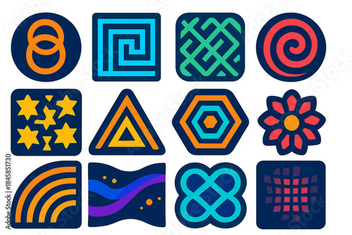 Vibrant Geometric Icons. Flat vector icons of Infinite Patterns: recursive circles, geometric maze, endless lattice, spiral vortex