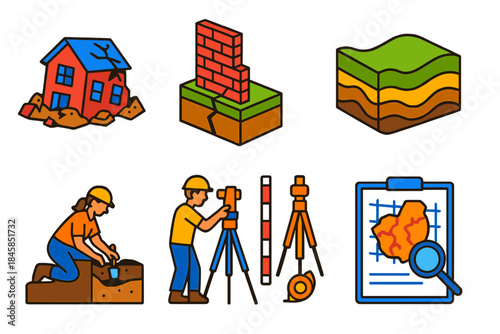 Archaeoseismology Icons Set. Isometric vector illustration set Archaeoseismology: collapsed structures, wall offsets, liquefied