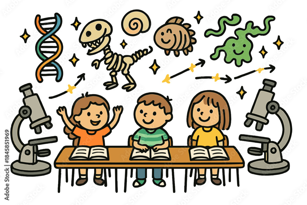 Fototapeta premium Whimsical Molecular Classroom. Whimsical doodle molecular paleontology classroom with happy students, cartoon fossils floating,