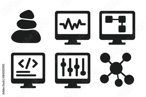 Rock Command Interfaces. Solid style icons of rock command interfaces: stacked stones, pulse markers, node grids, instruction
