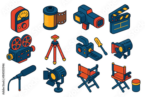Analog Film Icon Set. Isometric vector illustration set Analog Film: classic exposure meter, labeled film canister, director’s