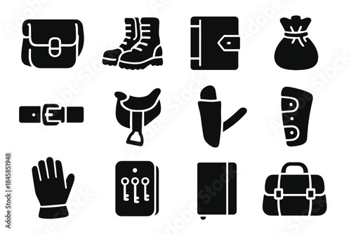 Heritage Craft Icons. Solid style icons of Heritage Craft: Old Satchel, Worn Boots, Bound Book, Pouch, Belt, Saddle, Sheath,