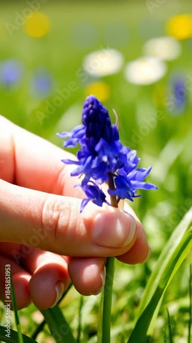 Human Hand Gently Holding a Blue Grape Hyacinth Flower on Sunny Meadow