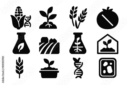 Agricultural Gene Editing Icons. Solid style icons of Agricultural Gene Editing: modified corn, drought-resistant plant, golden