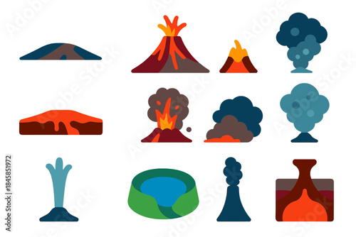 Volcano Icon Set. Flat vector icons of Earth volcanism comparison: shield volcano, stratovolcano, cinder cone, lava dome, basalt