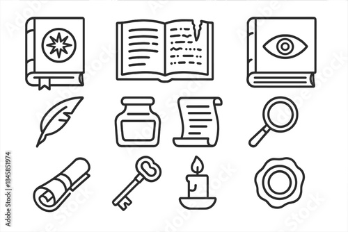 Hidden Tome Icons Collection. Line style icons of Hidden Tomes: Manuscript, Missing Folios, Encrypted Script, Hidden Lore; Quill,
