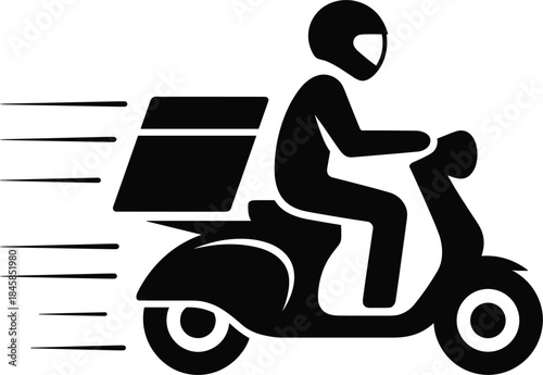 Fast delivery scooter icon with motion lines on white background Keywords: delivery, scooter, motorcycle, moped, fast, speed