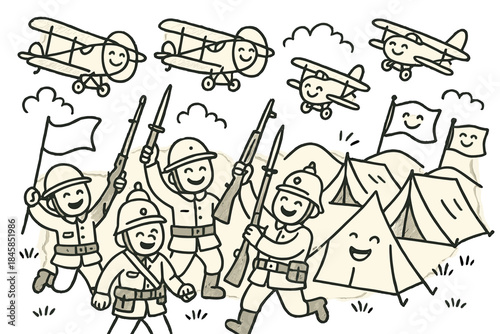 Cheerful War Reenactment. Joyful doodle World War I reenactment with simplified uniforms smiling, biplanes with happy faces flying