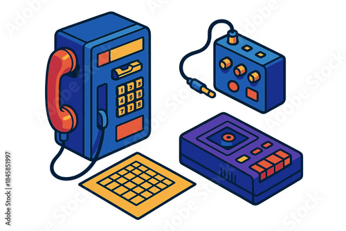 Vintage Phreaking Icons. Isometric vector illustration set Vintage Phreaking Setup: Payphone with audio lead, pocket blue box