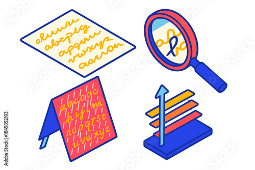 Graphology Tools Illustration. Isometric vector illustration set Graphology Tools: Handwriting sample sheet, magnifying glass over