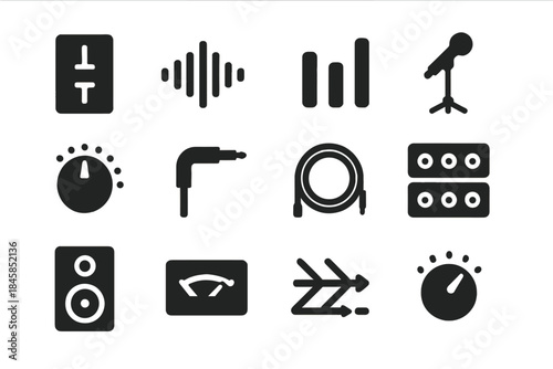 Audio Engineering Icons. Solid style icons of Audio Engineering: Mixer Fader, Sound Wave, Equalizer, Microphone Stand, Control