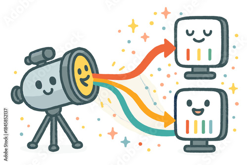 Cheerful Spectral Mapping. Friendly doodle spectral line mapping with happy telescopes, cartoon light beams splitting into