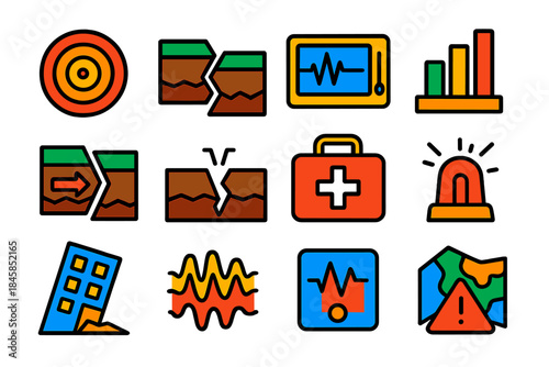 Seismology Icon Set. Flat vector icons of Seismology: earthquake epicenter, fault line, seismograph, Richter scale, tectonic