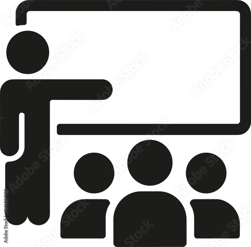 Icon of a teacher presenting to a group of students in front of a whiteboard Keywords: teacher icon, presenter icon, student icon