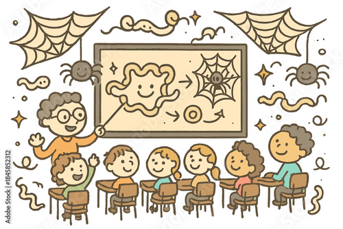 Whimsical Spider Silk Classroom. Whimsical doodle spider silk classroom with happy students, cartoon webs floating, smiling