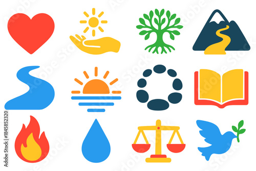 Healing Icons Collection. Flat vector icons of Healing Journey: heart symbol, hand with light, tree of life, mountain path, river