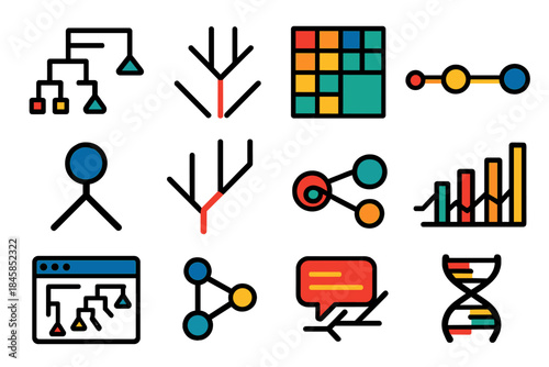 Phylogenetic Tool Icons. Flat vector icons of phylogenetic visualization tools: dendrogram, cladogram, heatmap, evolutionary