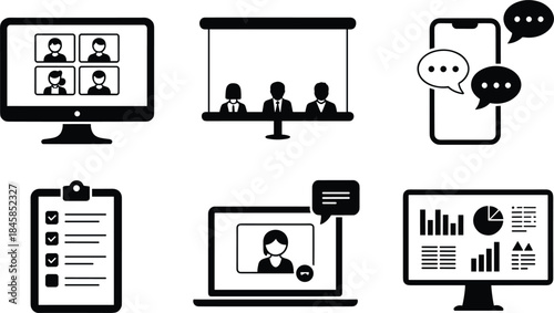 Set of icons representing online communication and data analysis tools Keywords: video conference, online meeting, presentation