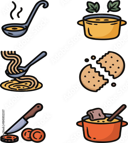 Six cartoon food icons soup noodles cookie knife and carrots pot ladle