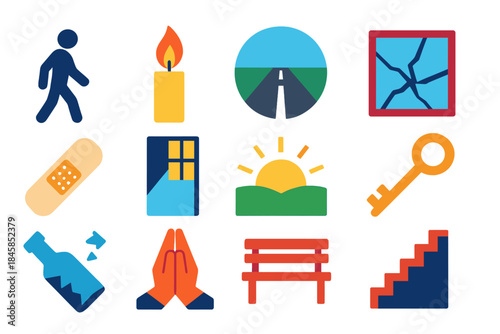 Redemption Journey Icons. Flat vector icons of Redemption Journey: shadowed figure walking, candle flame, open road, cracked
