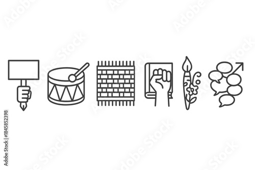 Art of Resistance Icons. Line style icons of Resistance and Expression: protest pen, storytelling drum, woven narrative mat,