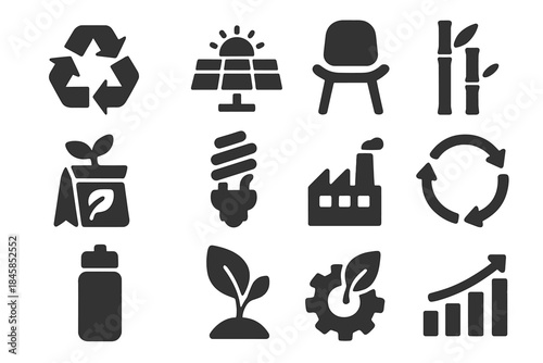 Eco-Friendly Icons. Solid style icons of sustainable design: recycling loop, solar panel, eco-friendly chair, bamboo product,