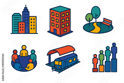 Urban Sociology Icons. Isometric vector illustration set Urban Sociology: city skyline, apartment block, public park, community