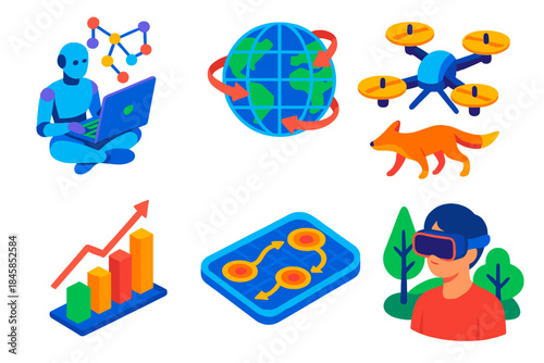 Future Migration Concepts. Isometric vector illustration set Future Migration Studies: AI migration model, digital globe, drone