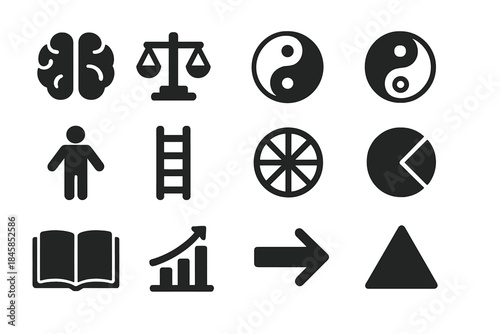 Classic Theory Icons. Solid style icons of Classic Theories: Brain Hemisphere, Balance Scale, Yin Yang, Spiral, Human Figure,