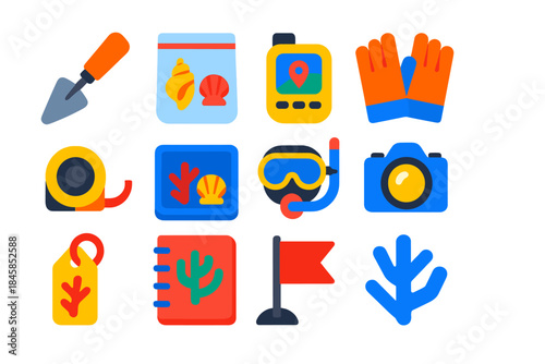 Colorful Fieldwork Icons. Flat vector icons of fieldwork for shell and coral collection: hand trowel, sample bag, GPS device,