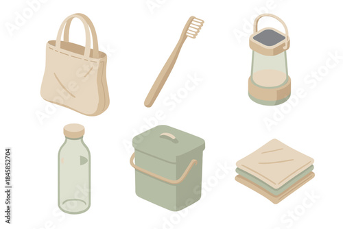 Sustainable Living Icons. Isometric vector illustration set Sustainable Living Items: reusable bag, bamboo toothbrush, solar lamp,