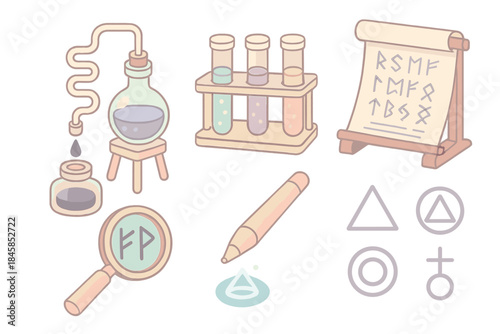Etheric Laboratory Icons. Isometric vector illustration set Ether Script Laboratory: glass ink distiller, glowing test tubes,