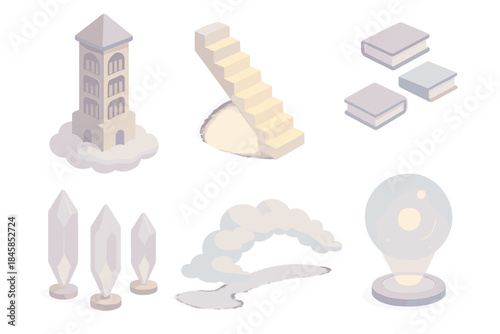 Dream Archive Icons. Isometric vector illustration set Dream Archive Architecture: floating archive tower, glowing stairway,