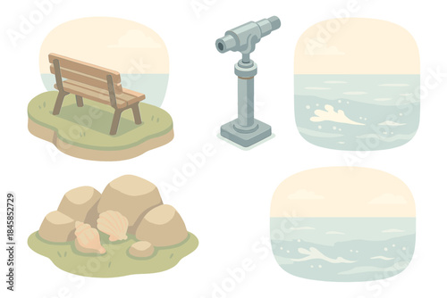 Ocean Breeze Outlook. Isometric vector illustration set Ocean Breeze Outlook: cliff bench, telescope stand, soft pastel sky,
