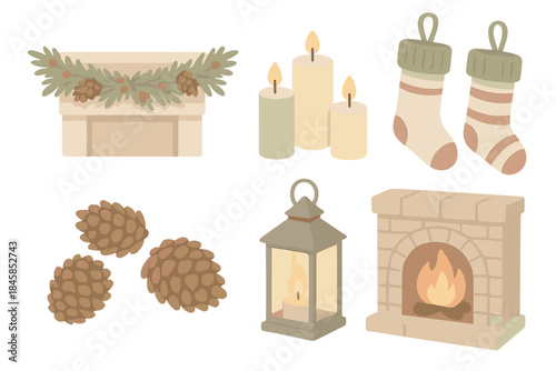 Holiday Hearth Decor. Isometric vector illustration set Holiday Hearth Decor: garland on mantel, glowing candles, striped wool