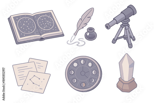 Nocturnal Map Studio. Isometric vector illustration set of Nocturnal Map Studio: star atlas pages, glowing ink pen, folded