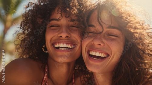 smiling women showing joy and friendship in a vibrant sunny setting their laughter captures the essence of happiness making this a perfect image for promoting positivity and connection