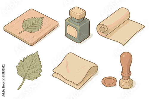 Botanical Printing Essentials. Isometric vector illustration set of Botanical Printing Heritage: engraved copper plate, ink bottle