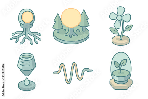 Living Engine Ecosystem Icons. Isometric vector illustration set of Living Engine Ecosystem: glowing mechanical root, forest