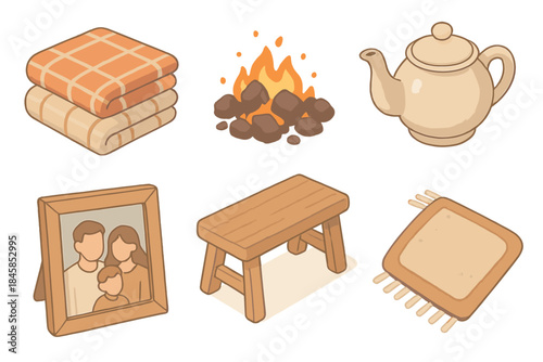 Cozy Gatherings Icons. Isometric vector illustration set of Hearthside Gathering Details: plaid blanket pile, glowing embers,