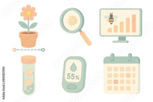 Bloom Cycle Icons. Isometric vector illustration set Bloom Cycle Monitor: flowering plant timeline, magnifying glass, bee