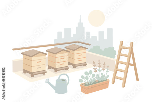 Isometric Skyline Apiary. Isometric vector illustration set Skyline Apiary View: hive boxes on terrace, distant city buildings,