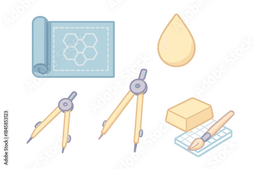 Apiary Design Blueprint. Isometric vector illustration set Apiary Design Blueprint: blueprint of comb pattern, honey drop symbol,