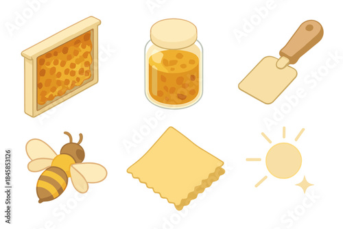 Propolis Harvest Icons. Isometric vector illustration set Propolis Harvest Gold: honeycomb frame with resin, glass jar of golden
