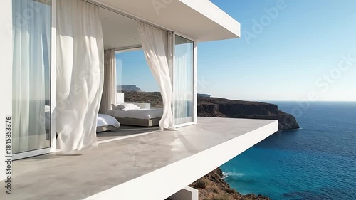 Modern White Cliffside Villa Terrace View Luxury Bedroom Oceanfront Architecture Minimalist Coastal Resort Travel Destination Seclusion Getaway