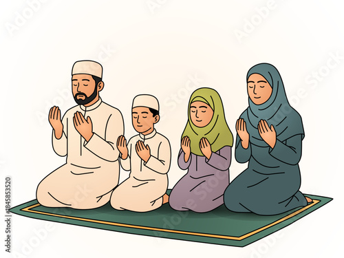 A Muslim family praying to Allah at home on a prayer mat during Ramadan. Flat vector illustration isolated on white background in linear style.