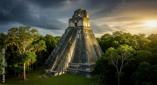 Ancient Mayan pyramid under dramatic cloudy sunset sky.