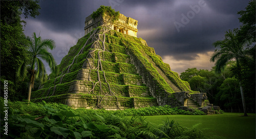 Majestic Mayan temple rising from lush green jungle canopy.