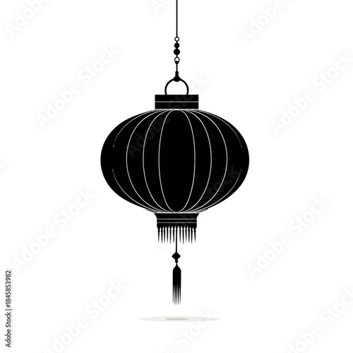 Black paper lantern silhouette with tassel isolated on white background